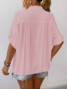 Elenzga Áo sơ mi tay cánh dơi màu trơn dáng rộng mùa hè cỡ lớn - Hồng - Xem 2