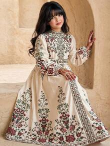 SHEIN 适合大女孩的优雅印花翻领长袖系带连衣裙 - 杏色 - 查看 1