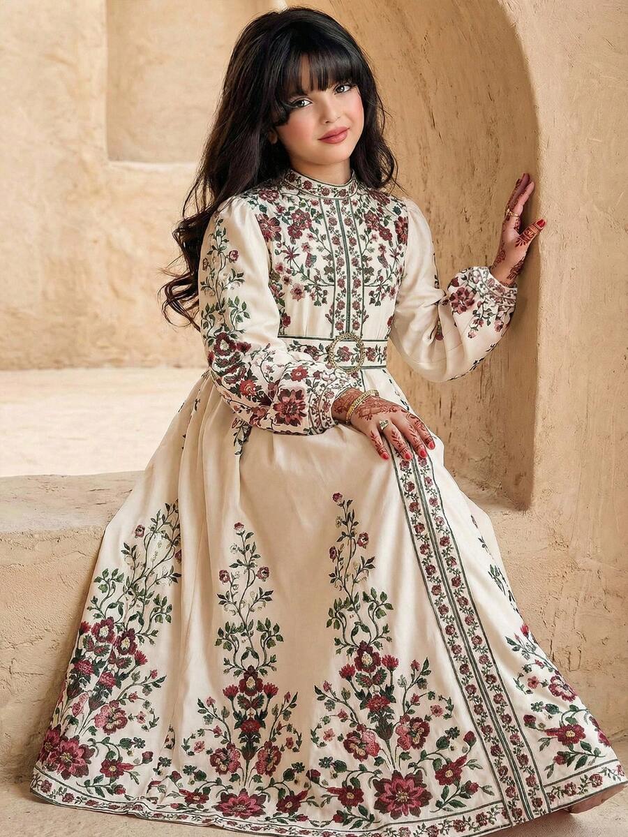 SHEIN 适合大女孩的优雅印花翻领长袖系带连衣裙 - 杏色 - 查看 1