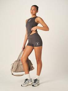 Missguided x Playboy High Rise Active Cycling Compression Shorts With Bunny Logo Print - Dark Grey - View 4