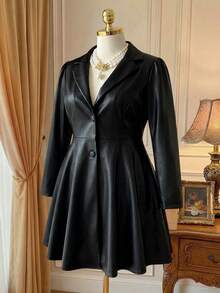 Rometta Áo khoác nữ cỡ lớn, thiết kế tối giản, bó sát eo, dài vừa phải, thích hợp để đi làm, mùa thu/đông - màu đen - Xem 3