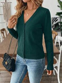 女士休闲日常办公通勤简约纯色纽扣前开衫，秋季款 - 墨綠色 - 查看 3