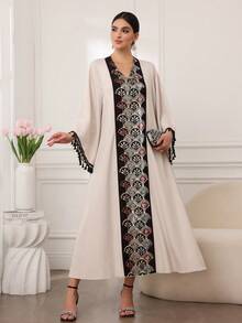 Al Najma Women's Retro Sequin Embroidery Tassel Sleeve V-Neck Maxi Arabic Robe - Multicolor - View 5