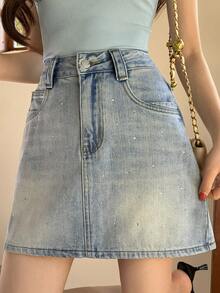 DAZY Women's High Waist Pockets Rhinestone Embellished Casual Denim Skirt - Blue - View 1
