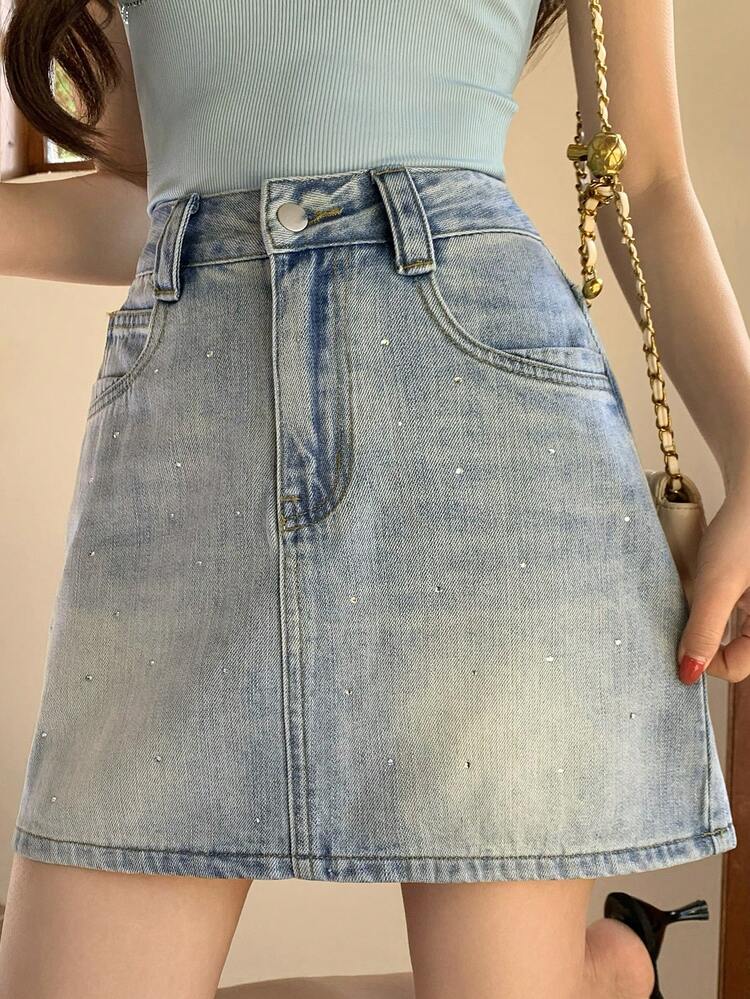 Women's High Waist Pockets Rhinestone Embellished Casual Denim Skirt