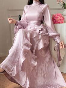DAZY Vestido elegante de mujer de unicolor con cuello alto, manga larga raglán, patchwork y volantes - Rosa - Ver 4