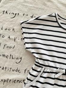 Mommy And Me Matching Casual Striped Short Sleeve Knit Elastic Round Neck Dress, Summer - Black - View 4