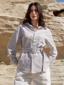 Dazy-Less Women's Business/Casual Striped Cinched Waist Long Sleeve Shirt, Suitable For Spring And Summer - Grey - View 5