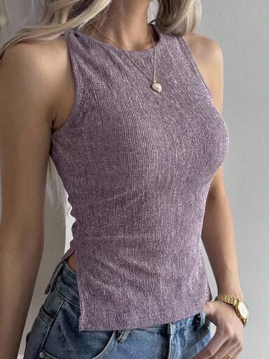 DAZY Camiseta de verano de mujer de unicolor, cuello redondo, ajuste ceñido, sin mangas