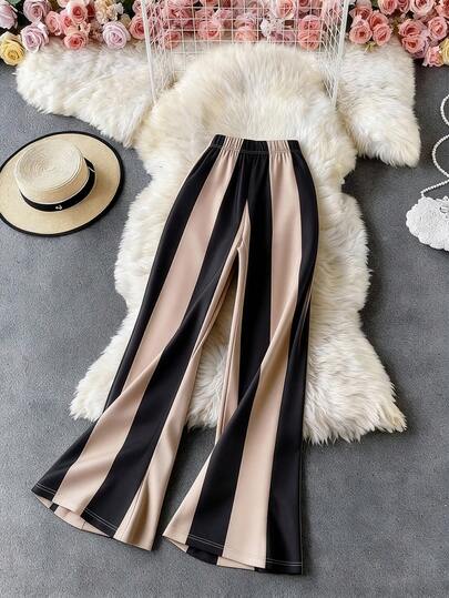 GlowEve CURVE Plus Size Women Elegant Casual Striped Print Contrast Color Waist Skinny Flare Pants