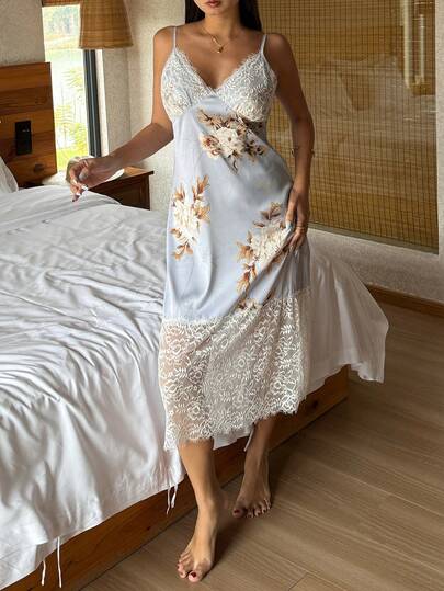 DAZY 蕾丝拼接花卉图案无袖吊带短款睡裙，女士夏季家居服