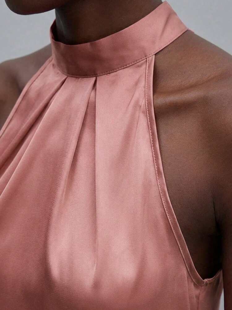 SHEIN Maija Women's Fashionable Solid Color Casual Satin Sleeveless Shirt Pink Satin Top