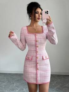 Elenzga Đầm ngắn tay dài cổ vuông họa tiết kẻ caro tối giản, ôm eo, thêu nút, túi, thanh lịch dành cho nữ, thích hợp cho các buổi hẹn hò và đi làm, mùa thu - Hồng - Xem 6