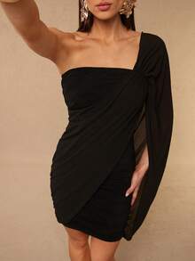 Silquee 女士黑色雪纺褶皱单肩迷你连衣裙，春夏款 - 黑色 - 查看 4