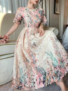 DAZY Elegant Lace Hollow Out Waist Cinching A-Line Dress With Stand Collar Short Sleeve Sundress Boho Vacation Outfits Women - Pink - View 1