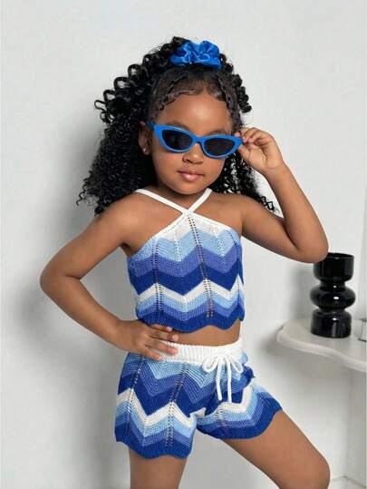 2pcs/Set Young Girl's Fashionable Casual Beach Vacation Summer Crochet Contrast Color Halter Top And Shorts Set, Unique Crochet Outfit