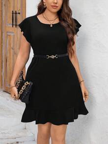 SHEIN Clasi Vestido casual de verano de talla grande con volantes en el borde, atuendo de oficina para mujeres - Negro - Ver 1