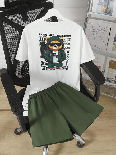 2pcs/Set Boys' Casual Cartoon Bear Graphic T-Shirt & Military Green Woven Shorts Set, Lightweight & Comfortable Outfit For Daily Wear, School, Commute