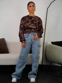 SAYEHFBABY 女士休闲简约迷彩印花长袖短款卫衣 - 彩色 - 查看 5