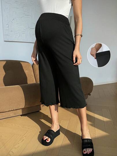 SHEIN Pregnant Women Casual Vacation Daily Commute Solid Color High Waist Lettuce Trim Wide Leg Cropped Pants