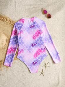 SHEIN 少女休闲简约圆领长袖连体泳衣，霓虹爱心印花连体泳衣，夏季款 - 粉色 - 查看 8