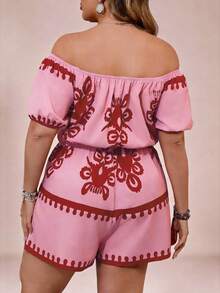 SHEIN VCAY Mono de hombros descubiertos minimalista y estampado para uso diario en tallas grandes - Rosa - Ver 2