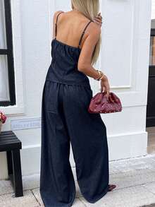 Livesso 2pcs Women Lace-Up Fitted Top And Casual Pants Set - Blue - View 2