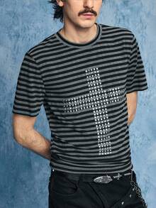 ROMWE MEN Street Life Camiseta de manga corta ajustada con rayas y remaches para hombres - Blanco y Negro - Ver 5