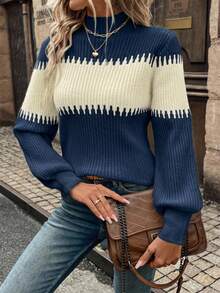 EURMUSE Turtleneck Lantern Sleeve Colorblock Knit Sweater - Multicolor - View 5