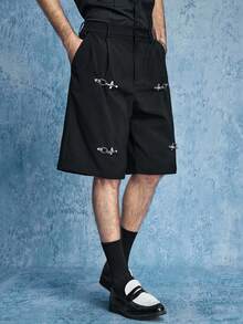 ROMWE MEN Pantalones cortos casuales de hombre de unicolor con bolsillo plisado y botones a presión - Negro - Ver 4