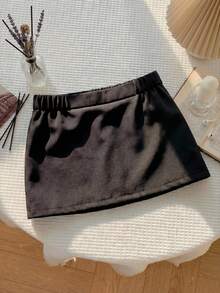 SHEIN 少女黑色低腰迷你紧身裙，休闲优雅的夏季校园风 - 黑色 - 查看 1