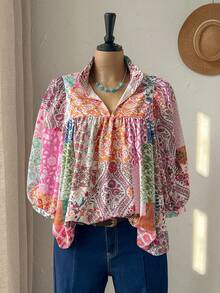 Rusticease Blusa holgada de manga farol con estampado floral para mujer de talla grande, top de verano, estilo campestre para mujer, primavera - Multicolor - Ver 6
