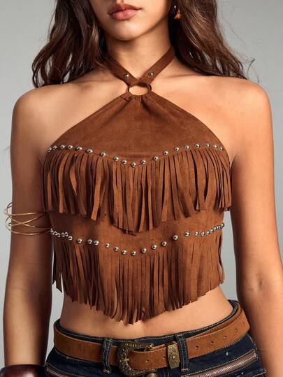 ROMWE Top de tirantes de mujer con múltiples capas de borlas de metal con estilo hippie chic y vintage