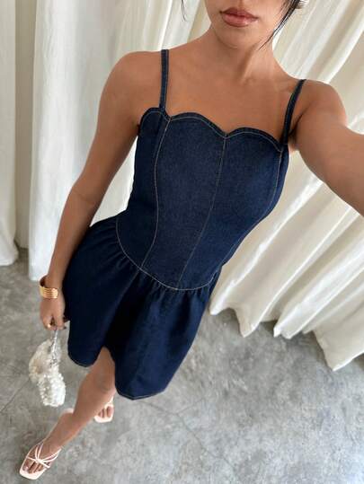 Siren Gaze 女士休闲度假通勤收腰牛仔吊带裙，夏季