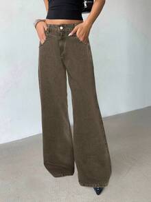 Aloruh Women's Pocket Button Casual Versatile Daily Wear Wide Leg Jeans - Coffee Brown - View 5