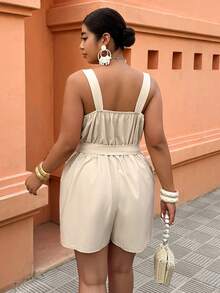 EMERY ROSE Plus Size Women's Hollow Flower Decor Waist Cinched Jumpsuit, Suitable For Spring/Summer Vacation - Khaki - View 2