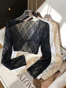 Airaco 女士休闲蕾丝扭结设计长袖上衣 - 彩色 - 查看 1