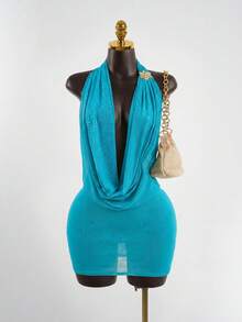 Lyxana Damen einfarbiges Minikleid mit Metalldekor, Neckholder, rückenfreiem Design und Raffungen, geeignet für Dates und Ausgänge - Taubenblau - Übersicht 3