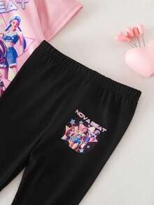 SHEIN 女婴韩流人物印花圆领短袖T恤和打底裤休闲套装 - 玫紅色 - 查看 5