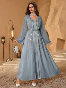 Al Najma Satin Solid Color Ribbon Decor, Adorn With Luxurious 3D Floral, Waist-Cinching Elegant 2 In 1 Arabian Dress - Blue - View 6