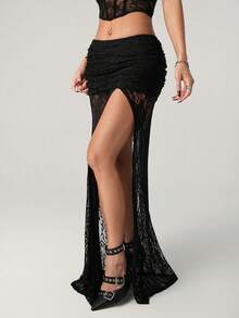 SHEIN ICON 女士高开衩黑色蕾丝褶皱腰性感度假裙 - 黑色 - 查看 4