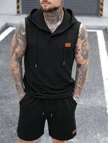 Manfinity CasualCool Men's Drawstring Hooded Sweatshirt And Drawstring Waist Shorts Casual Daily Suit - Black - View 4