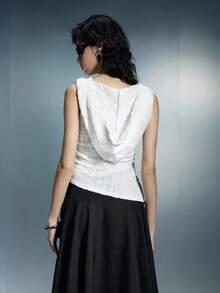 Airlisse Women's Vintage Distressed Design Sleeveless Hooded Tank Top, Fashionable For Spring/Summer White Vest For Y2K Girl - White - View 2