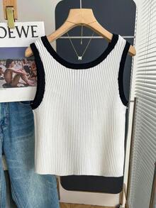 SHEIN Women's Autumn/Winter Button Design Contrast Color Casual Knitted Vest - Black and White - View 2