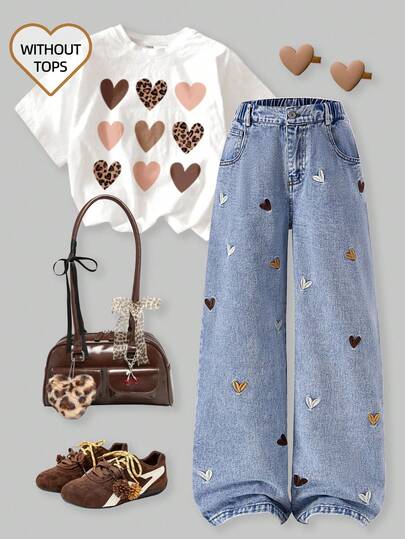 SHEIN ChillGRL 2025秋冬新款少女时尚爱心刺绣宽松阔腿牛仔裤，可爱宽松牛仔裤，少女可爱中码宽松校园风Y2K少女90年代复古风，90年代少女Y2K印花花朵阔腿牛仔裤