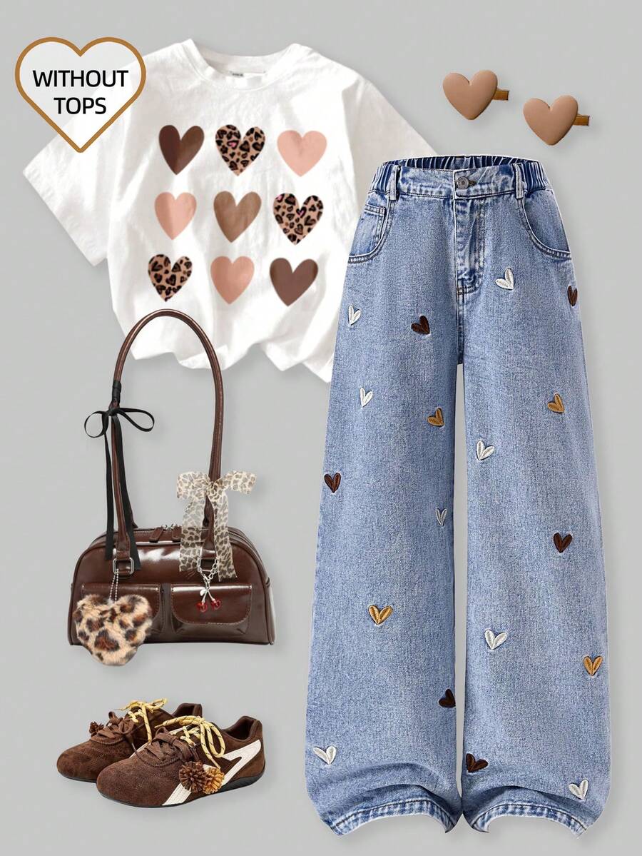 SHEIN ChillGRL 2025秋冬新款少女时尚爱心刺绣宽松阔腿牛仔裤，可爱宽松牛仔裤，少女可爱中码宽松校园风Y2K少女90年代复古风，90年代少女Y2K印花花朵阔腿牛仔裤 - 藍色 - 查看 1