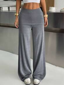 SHEIN EZwear 女士休闲折叠腰带灰色针织阔腿裤 - 灰色 - 查看 2