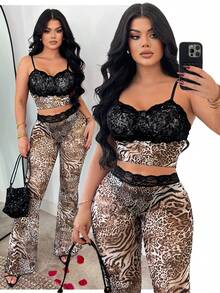 SHEIN SXY Summer Fashionable Sexy Animal Print Contrast Lace Cropped Camisole And Flare Pants Set,Summer,Spring, Leopard Print , Cheetah Print ,Mesh ,Sheer ,Lace - Multicolor - View 1