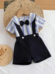Souflis Souflis 男婴夏季蓝白条纹可爱学院风领结连体衣，搭配藏蓝色背带短裤，适合外出、日常穿着、家庭聚会、拍照、情人节等场合。 - 藍色 - 查看 1