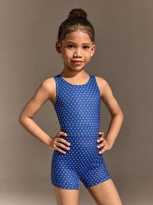 这款女童无袖连体衣采用蓝色底白色波点印花面料，高弹力设计，背部时尚镂空，活动自如，适合体操、瑜伽、居家锻炼以及日常休闲穿着。 - 藍色 - 查看 2